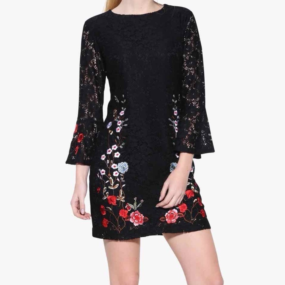 Desigual Vermond Lace Dress Floral Embroidery Bell Sleeve Black Size 40 Medium - Picture 14 of 14